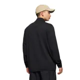 Chaqueta de polar negra con cierre frontal completo, cuello alto, bolsillos delanteros y puños elásticos. Presenta un diseño técnico con tejido transpirable y logo de la marca en el pecho.
