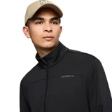 Chaqueta de polar negra con cierre frontal completo, cuello alto, bolsillos delanteros y puños elásticos. Presenta un diseño técnico con tejido transpirable y logo de la marca en el pecho.