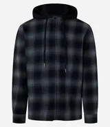 Camisa masculina de franela a cuadros en tonos grises y negros, con capucha con cordón ajustable, cierre frontal abotonado y mangas largas.
