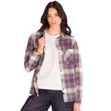 Camisa de manga larga con estampado de cuadros en tonos violeta y verde oliva. Presenta cuello clásico, cierre frontal con botones metálicos, puños abotonados y un bolsillo en el pecho.