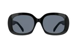 Lentes de sol negros con forma ovalada y lentes grises.