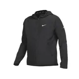 Campera deportiva Nike Miler negra con cierre frontal, capucha y logo Swoosh blanco en el pecho. Presenta un diseño con paneles en zigzag en la parte delantera y un detalle reflectante en la manga.