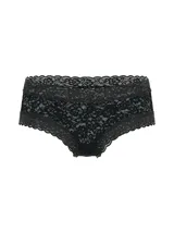 Panty tipo cheeky de encaje negro, tiro bajo y diseño con bordes festoneados.