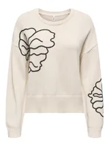 Sweater tejido de color beige con cuello redondo, mangas largas y detalles de bordado floral en negro.