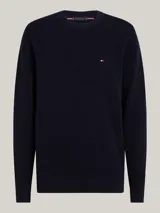 Sweater de punto texturizado Tommy Hilfiger, color azul marino, de cuello redondo con ribetes acanalados y logo bordado en el pecho.