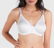 Soutien blanco con aro y copas moldeadas reforzadas, sin costura. Confeccionado con tela que contiene fibra LYCRA®. Breteles elásticos anchos regulables.