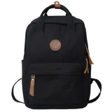 Mochila de lienzo color negro con detalles en eco cuero marrón, bolsillo frontal con cierre, asas superiores y tiras ajustables para la espalda.