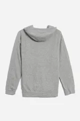 Canguro negro melange con cierre frontal, capucha con cordones rojos y bolsillos laterales.