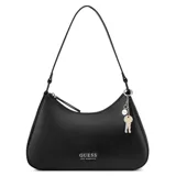 Cartera tipo shoulder bag de Guess color negro, confeccionada en cuero sintético, con diseño estructurado, cierre superior y correa de hombro ajustable. Incluye herrajes plateados, logo metálico frontal y un dije colgante en forma de llaves.