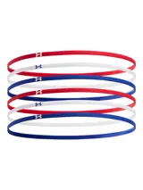 Pack de seis vinchas elásticas Under Armour en colores rojo, blanco y azul, confeccionadas en material suave con interior de terciopelo para un mejor agarre y logotipo de la marca.