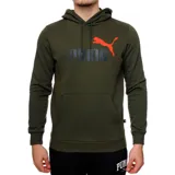 Canguro con capucha Puma Essentials+ color verde oliva, con logo grande bicolor en el pecho, bolsillo frontal tipo canguro, cordones de ajuste y puños acanalados.