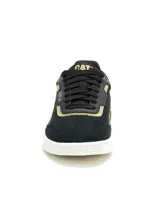 Sneaker Caterpillar modelo Pause Retro T-Toe para mujer, en color negro con detalles dorados y suela blanca. Fabricadas en cuero gamuzado, cuentan con plantilla de espuma EVA y suela de goma duradera.