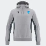 Canguro deportivo Macron color gris claro con paneles laterales y mangas en gris oscuro. Presenta cuello alto con cordones ajustables y bolsillo canguro frontal. Lleva el logo Macron en negro y un escudo bordado de un pájaro azul en el pecho.