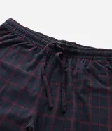 Pantalón de pijama tipo jogger para hombre, confeccionado en tejido plush suave y abrigado. Presenta un diseño estampado a cuadros, cintura elástica con cordón de ajuste y puños elásticos en los tobillos.