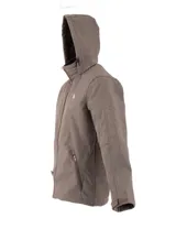 Campera marrón de neopreno con capucha, cierre frontal y bolsillos laterales con cierre.