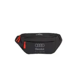 Riñonera deportiva Adidas del equipo Audi Revolut F1 Team, de color negro con detalles en rojo y logotipos estampados. Cuenta con compartimentos con cierre y correa ajustable.