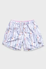 Short de baño blanco con estampado de cadenas y charms Polonio. Confeccionado en tejido de poliéster y elastano, liviano, flexible y de secado rápido. Presenta cintura elástica con cordón regulable, bolsillos laterales y bolsillo trasero con cierre.