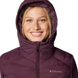 Campera técnica acolchada de mujer con capucha, color bordó. Cuenta con cierre frontal completo, bolsillos laterales con cremallera, puños con orificios para pulgares y forro interior térmico reflectante.
