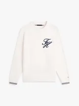 Sweater grueso de punto acanalado Tommy Hilfiger en color blanco, con cuello redondo y diseño de hombros caídos. Presenta un logo bordado en fuente Script en el pecho y puños acanalados.