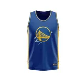 Musculosa de básquet azul con cuello y sisas en amarillo. Estampado frontal con el logo del equipo Golden State Warriors.