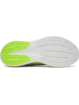 Championes de running Under Armour modelo Velociti Pace, color blanco con detalles en verde neón y negro. Presentan parte superior de malla transpirable, amortiguación reactiva HOVR y suela de goma completa para mayor tracción.