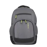 Mochila Samsonite modelo Acceleration Bravo, color gris con detalles en negro y tiradores de cierre en color amarillo neón. Cuenta con múltiples compartimentos con cierre, panel trasero acolchado y logo de la marca en el frente.