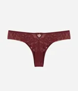 Conjunto de lencería compuesto por un corpiño tipo bralette con aros y una bombacha tipo bikini, ambos confeccionados en encaje con diseño geométrico en color bordó.