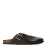 Zuecos de estilo mule color negro, con capellada de cuero sintético, tira ajustable con hebilla lateral y suela de corcho con base de goma antideslizante.