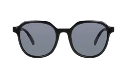 Lentes de sol con armazón de acetato negro y forma redondeada con ángulos superiores. Lentes oscuros con protección solar.