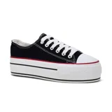 Zapatillas deportivas acordonadas de tela color rojo con plataforma blanca.