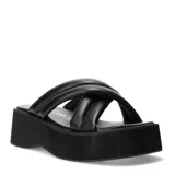 Sandalias negras con plataforma y tiras acolchadas cruzadas.