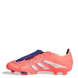 Championes de fútbol Adidas Predator League, modelo con lengüeta plegable, color naranja vibrante con detalles en azul y blanco. Diseñados con tecnología Hybridfeel para un mejor control del balón.
