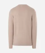 Suéter de punto para hombre, color celeste, con textura acanalada horizontal, cuello redondo y mangas largas con puños ajustados.