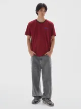 Remera gris oscura de algodón lavado, con cuello redondo, manga corta y corte oversize. Presenta un pequeño logo bordado en el pecho.