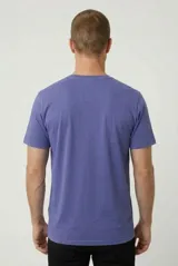 Remera de manga corta color gris melange, con cuello redondo y estampa frontal en negro de un paisaje de montaña con líneas onduladas y la inscripción "wherever you are, be all there".