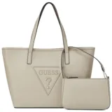 Cartera tipo tote Guess modelo Keira, de color beige con gran logo triangular grabado en relieve en la parte frontal. Incluye doble asa superior y un bolso de mano tipo pouch con cierre y correa corta desmontable.