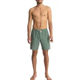 Short de baño tipo boardshort color verde militar, con cintura elástica y cordón ajustable blanco.