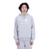 Canguro con capucha New Balance de felpa francesa, color gris jaspeado, con bolsillo frontal tipo canguro y logo de la marca estampado en el pecho.