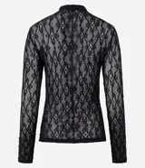 Blusa de encaje negra con cuello alto, manga larga y cuerpo ajustado. Presenta una transparencia leve y un acabado continuo en encaje.