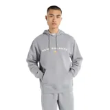 Canguro gris con capucha, de algodón suave, con logo de New Balance estampado en el pecho y bolsillo frontal tipo canguro.