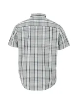 Camisa de manga corta con estampado de cuadros, cuello clásico y cierre frontal de botones. Cuenta con un bolsillo en el pecho y logo de la marca Caterpillar.