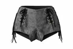 Short de tiro alto confeccionado en cuero sintético gris con efecto desgastado. Presenta un diseño con cordones frontales ajustables mediante ojales metálicos y flecos laterales.