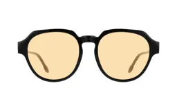 Lentes de sol con montura de acetato negra y lentes amarillas redondas.
