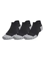 Medias deportivas de corte tobillero color negro, con detalles en tejido melange gris en la puntera y el talón. Incorporan tecnología de secado rápido, soporte de arco y amortiguación en zonas de alto impacto.