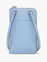 Cartera para móvil Tommy Hilfiger color celeste con correa ajustable, cierre de cremallera, múltiples ranuras para tarjetas, bolsillo interior con cremallera y bolsillo exterior para móvil.