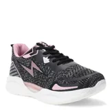 Championes deportivos de mujer con capellada de tejido técnico en color azul marino y negro, detalles en rosado y suela blanca con diseño texturizado.