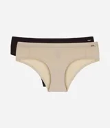 Kit de dos bombachas modelo bikini de tiro medio, confeccionadas en algodón con elastano. Incluye una prenda en color beige y otra en negro, ambas con ribetes elásticos y un pequeño detalle metálico con el logo de la marca en el lateral.