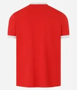 Remera de corte clásico color blanco con cuello redondo y mangas cortas con ribete azul marino.