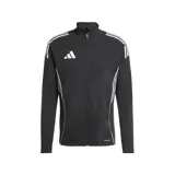 Campera deportiva Adidas Tiro 25 Competition, color negro con detalles en blanco. Cuenta con cierre frontal completo, cuello alto, tecnología AEROREADY y corte entallado.