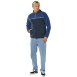 Buzo de polar con diseño color block en tonos azul y azul marino, con cuello alto y cierre frontal parcial con botones a presión. Presenta una franja horizontal con estampado geométrico y bolsillos frontales tipo canguro.